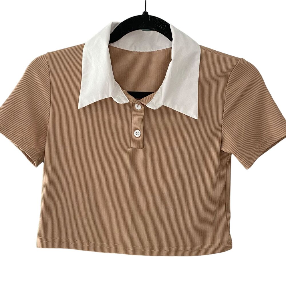 Women Short Sleeves Brown Nude Beige White Collar Cropped Polo Small